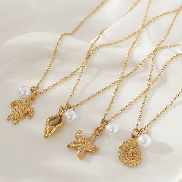 Wholesale Stainless Steel Ocean Series Necklace With Turtle Conch Pearl Pendant Electroplated 18K Gold Non Fading Animal Pattern