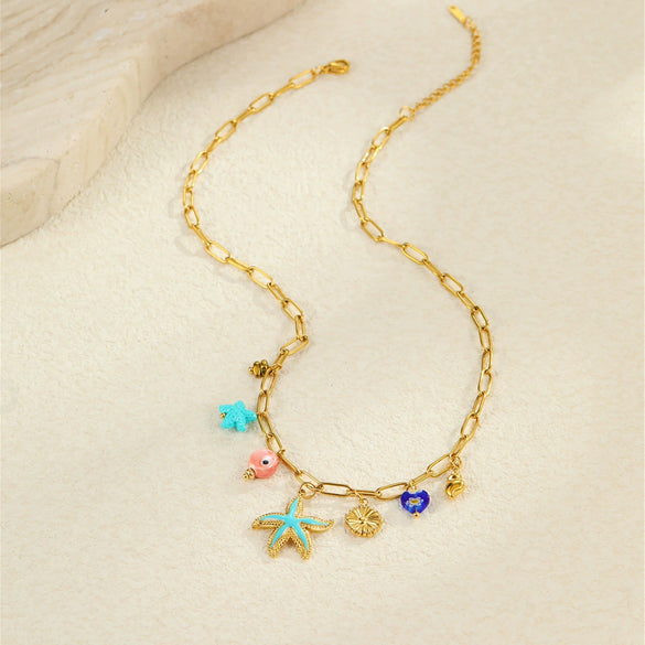 Wholesale Stainless Steel Ocean Style Geometric Starfish Necklace With Electroplating