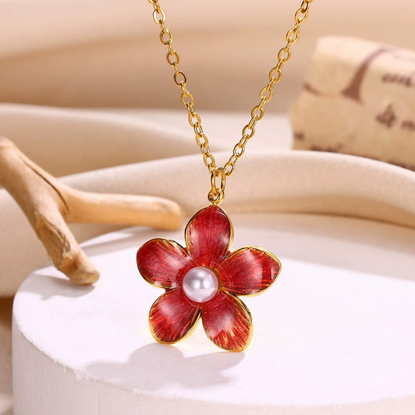 Wholesale Stainless Steel Oil Dripping Pearl Flower Geometric Style Women's Necklace