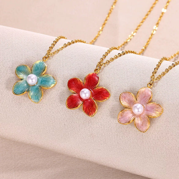 Wholesale Stainless Steel Oil Dripping Pearl Flower Geometric Style Women's Necklace