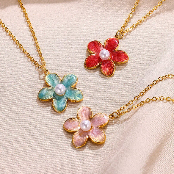 Wholesale Stainless Steel Oil Dripping Pearl Flower Geometric Style Women's Necklace