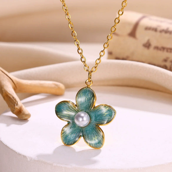 Wholesale Stainless Steel Oil Dripping Pearl Flower Geometric Style Women's Necklace