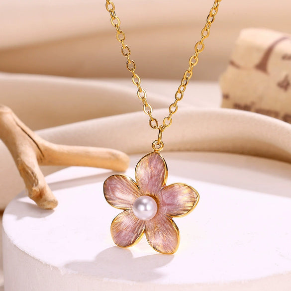 Wholesale Stainless Steel Oil Dripping Pearl Flower Geometric Style Women's Necklace