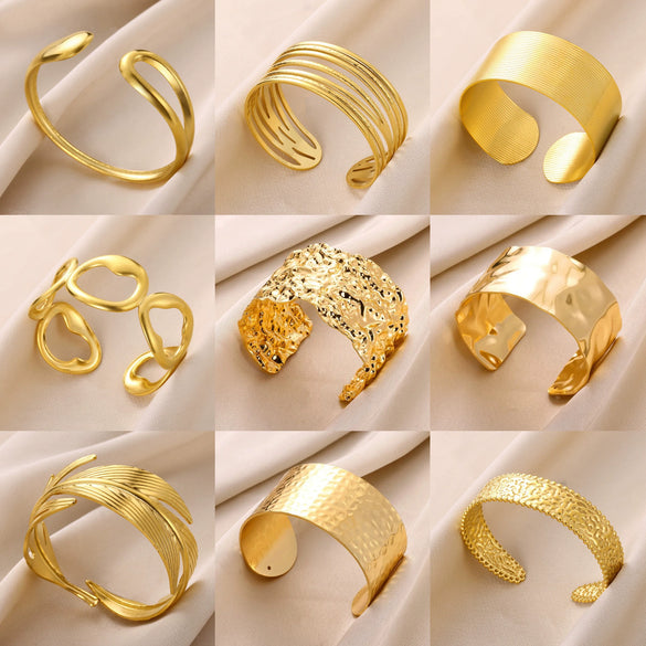 Wholesale Stainless Steel Open Bracelet With Geometric Concave And Convex Pattern And Electroplating Design