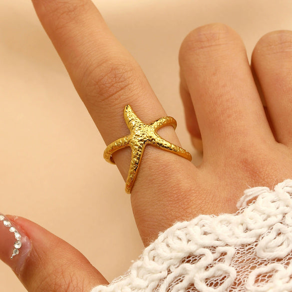 Wholesale Stainless Steel Open Ring For Women With Starfish Seashells Ginkgo Leaf Marine Motifs And Electroplating Processing
