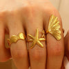Wholesale Stainless Steel Open Ring For Women With Starfish Seashells Ginkgo Leaf Marine Motifs And Electroplating Processing