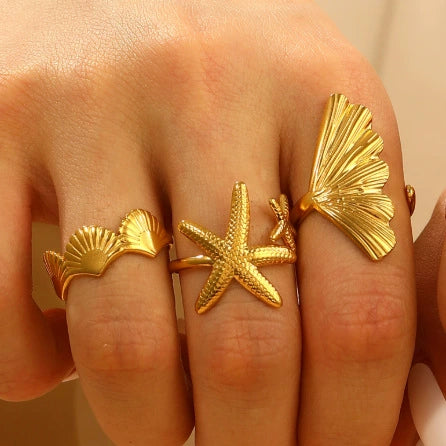 Wholesale Stainless Steel Open Ring For Women With Starfish Seashells Ginkgo Leaf Marine Motifs And Electroplating Processing