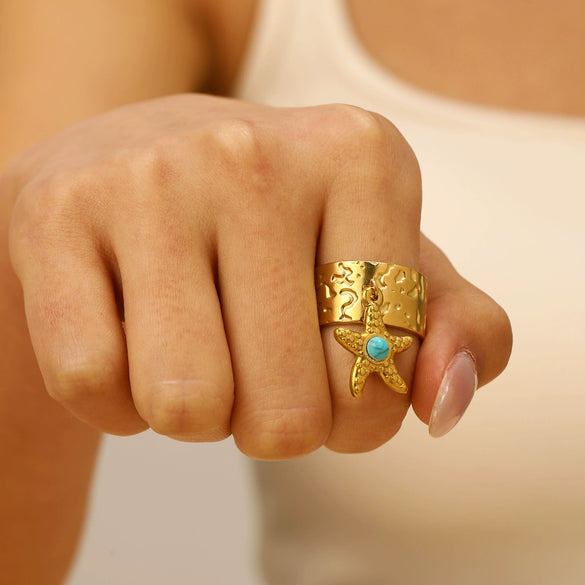 Wholesale Stainless Steel Open Ring For Women With Starfish Seashells Ginkgo Leaf Marine Motifs And Electroplating Processing