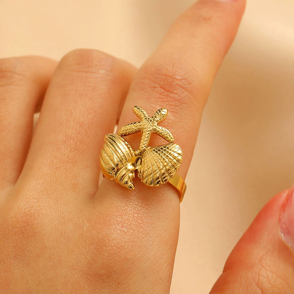 Wholesale Stainless Steel Open Ring For Women With Starfish Seashells Ginkgo Leaf Marine Motifs And Electroplating Processing