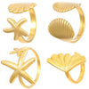 Wholesale Stainless Steel Open Ring For Women With Starfish Seashells Ginkgo Leaf Marine Motifs And Electroplating Processing