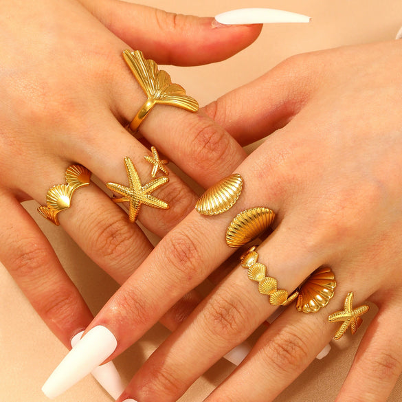 Wholesale Stainless Steel Open Ring For Women With Starfish Seashells Ginkgo Leaf Marine Motifs And Electroplating Processing