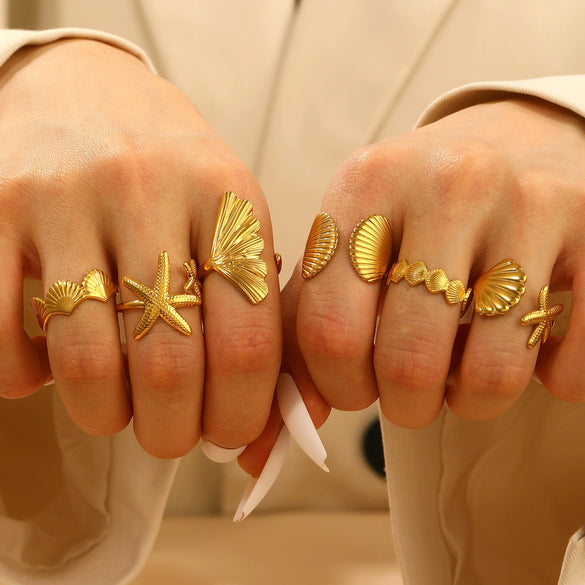 Wholesale Stainless Steel Open Ring For Women With Starfish Seashells Ginkgo Leaf Marine Motifs And Electroplating Processing