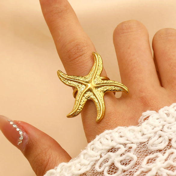 Wholesale Stainless Steel Open Ring For Women With Starfish Seashells Ginkgo Leaf Marine Motifs And Electroplating Processing