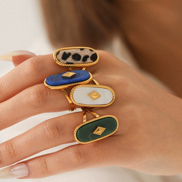 Wholesale Stainless Steel Open Ring Inlaid With Natural Stone And White Motherofpearl Geometric Pattern With Gems
