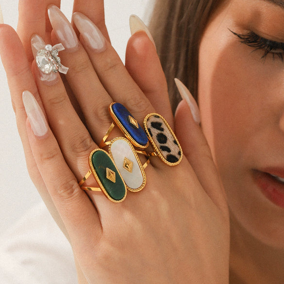 Wholesale Stainless Steel Open Ring Inlaid With Natural Stone And White Motherofpearl Geometric Pattern With Gems