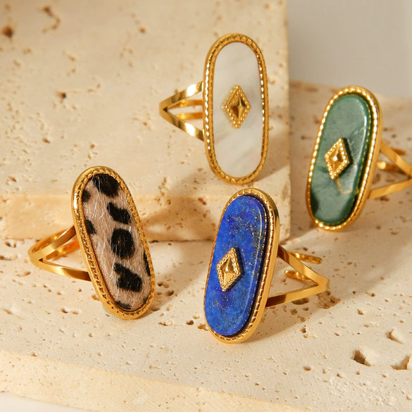Wholesale Stainless Steel Open Ring Inlaid With Natural Stone And White Motherofpearl Geometric Pattern With Gems