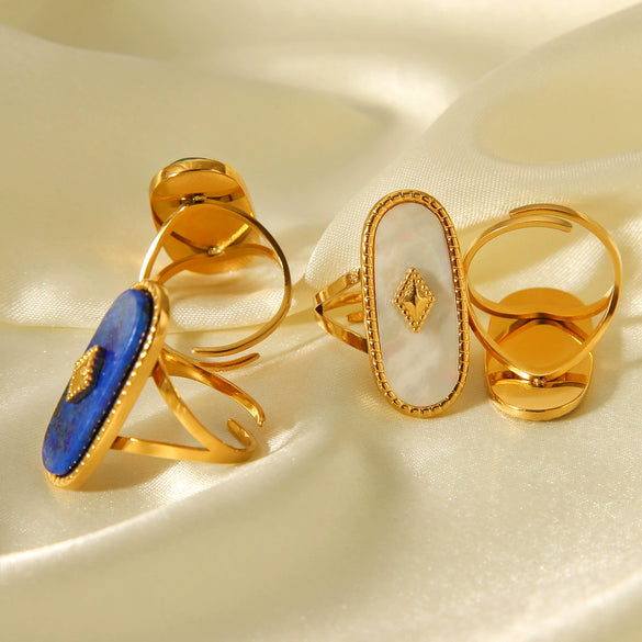 Wholesale Stainless Steel Open Ring Inlaid With Natural Stone And White Motherofpearl Geometric Pattern With Gems