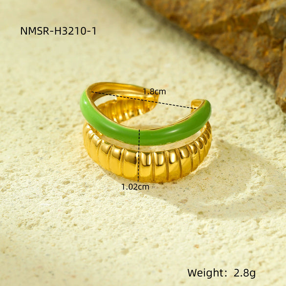 Wholesale Stainless Steel Open Ring Jewelry With Green Oil Drop Double Stripe Fashion Style Electroplating Treatment