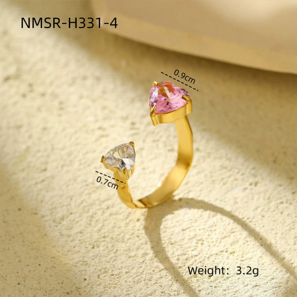 Wholesale Stainless Steel Open Ring Light Luxury Style With Colorful Love Zircon And Heart Shape Pattern Electroplated