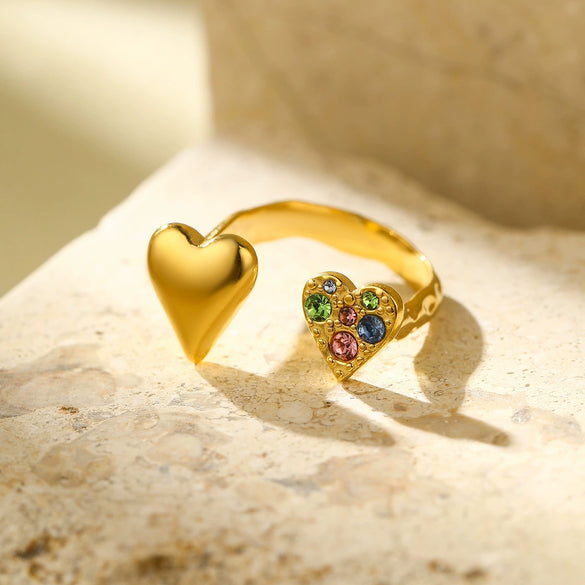Wholesale Stainless Steel Open Ring Light Luxury Style With Colorful Love Zircon And Heart Shape Pattern Electroplated