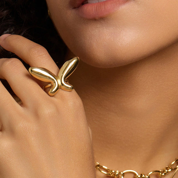 Wholesale Stainless Steel Open Ring With Exaggerated Stereo Creative Butterfly Design For Women Electroplated