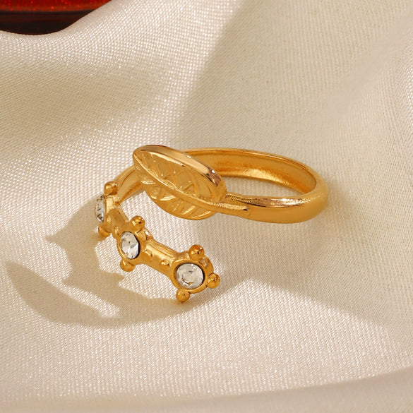 Wholesale Stainless Steel Open Ring With Leaves Pattern 18K Gold Plated For Women
