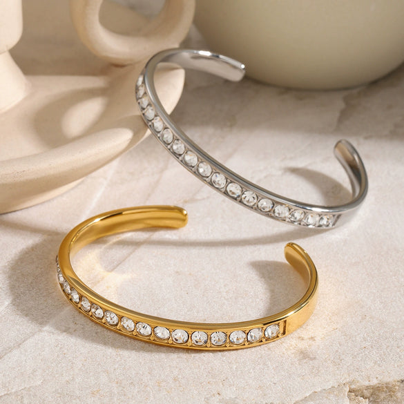 Wholesale Stainless Steel Opening Bracelet With White Rhinestones And Electroplating In Summer Vacation Style