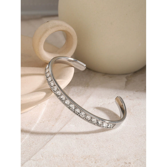 Wholesale Stainless Steel Opening Bracelet With White Rhinestones And Electroplating In Summer Vacation Style