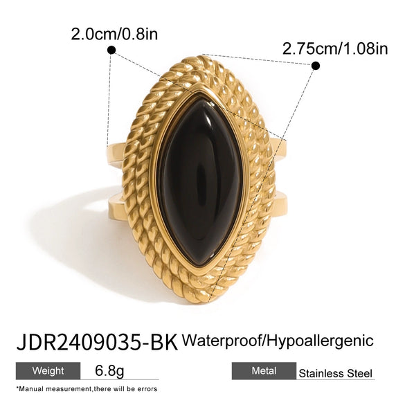 Wholesale Stainless Steel Opening Ring With 18K Gold Plated And Black Agate Heavy Industry Retro Light Luxury Electroplated For Women