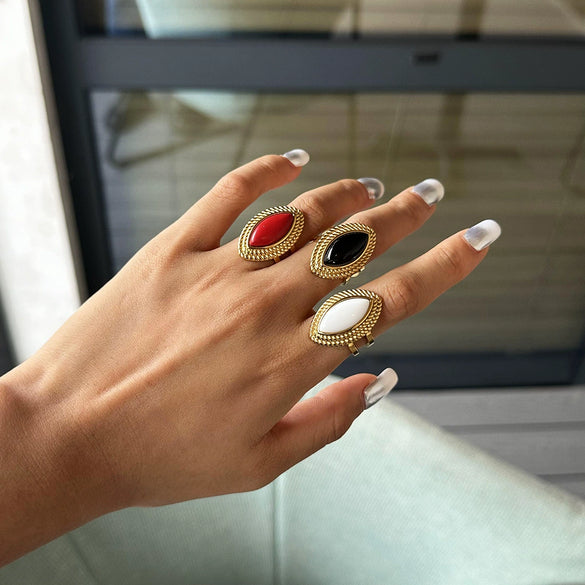 Wholesale Stainless Steel Opening Ring With 18K Gold Plated And Black Agate Heavy Industry Retro Light Luxury Electroplated For Women