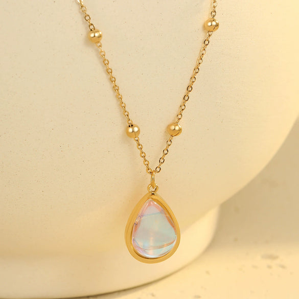 Wholesale Stainless Steel Oval Colorful Moonstone 18K Gold Plated Titanium Steel Necklace For Women