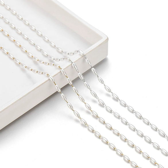 Wholesale Stainless Steel Oval Faux White Pearl Chain Necklace Handmade With Electroplating