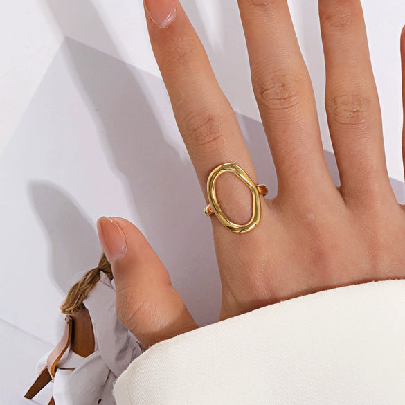 Wholesale Stainless Steel Oval Geometric Open Ring With 18K Gold Electroplating For Women