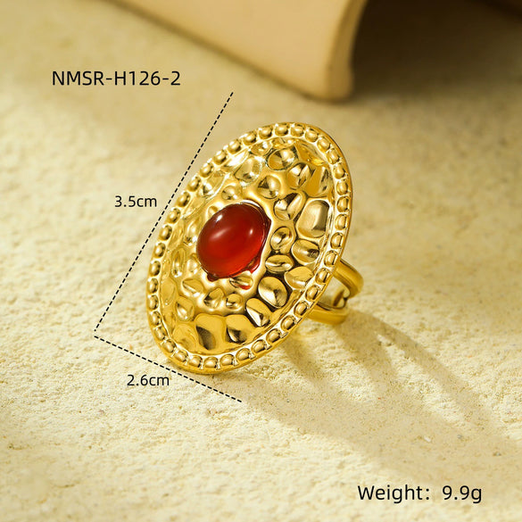 Wholesale Stainless Steel Oval Pleated Ring Inlaid With Natural Stone For Women Light Luxury Style Electroplated
