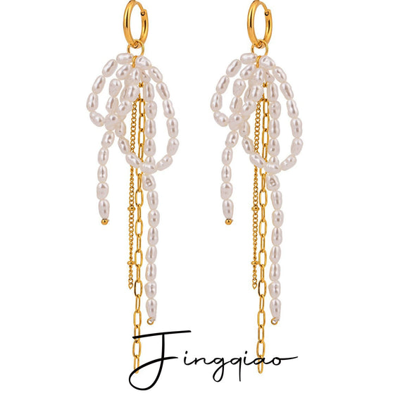 Wholesale Stainless Steel Pearl Bow Tassel Earrings With 18K Gold Electroplating Quiet Design And Elegant Temperament