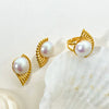 Wholesale Stainless Steel Pearl Geometric Retro Elegant Oversized Hollow Scallop Open Ring Set Earrings With Electroplating