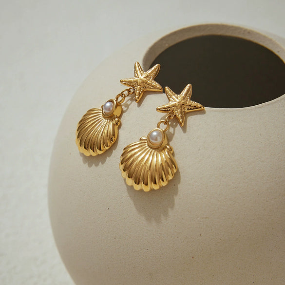 Wholesale Stainless Steel Pearl Geometric Starfish Pendant Earrings Electroplated Original Design Minimalist Women's Jewelry