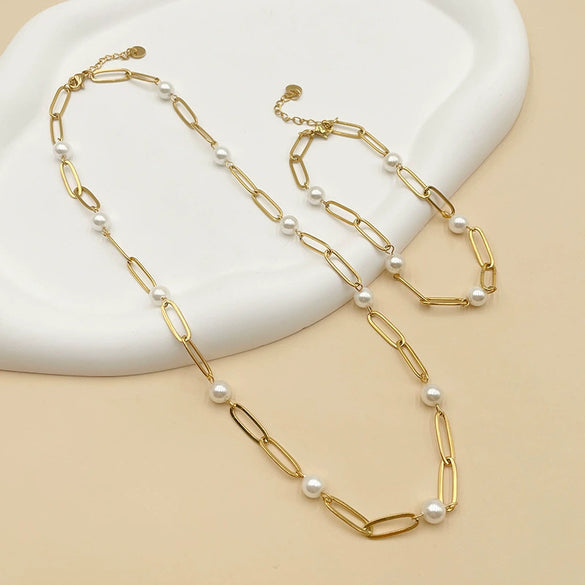 Wholesale Stainless Steel Pearl Geometric Women's Necklace Bracelet Set With 14K Gold Chain And Electroplating Treatment