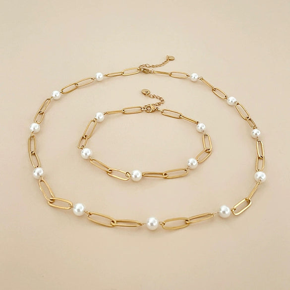 Wholesale Stainless Steel Pearl Geometric Women's Necklace Bracelet Set With 14K Gold Chain And Electroplating Treatment