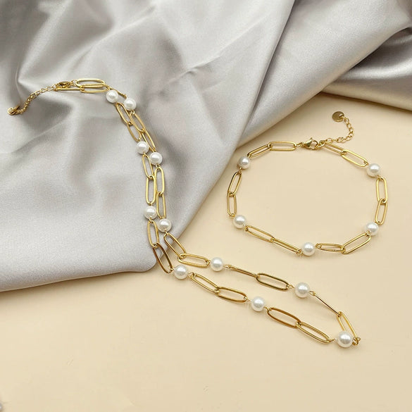 Wholesale Stainless Steel Pearl Geometric Women's Necklace Bracelet Set With 14K Gold Chain And Electroplating Treatment