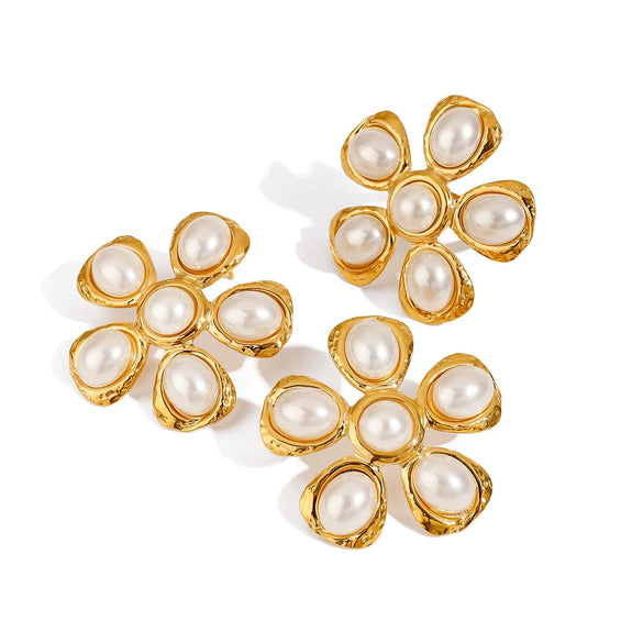 Wholesale Stainless Steel Pearl Hammered Geometric Earrings With 18K Gold Electroplating For Women