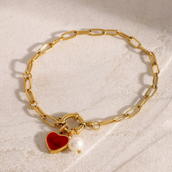 Wholesale Stainless Steel Pearl Heart Pendant Bracelet Electroplated Minimalist Women's Hand Jewelry