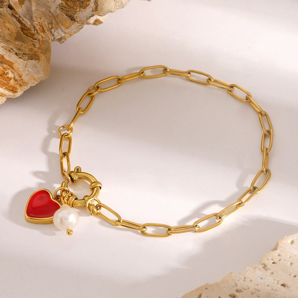 Wholesale Stainless Steel Pearl Heart Pendant Bracelet Electroplated Minimalist Women's Hand Jewelry
