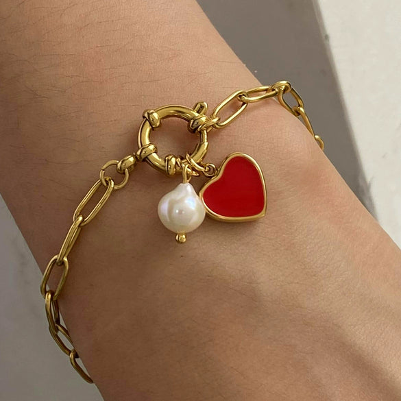 Wholesale Stainless Steel Pearl Heart Pendant Bracelet Electroplated Minimalist Women's Hand Jewelry
