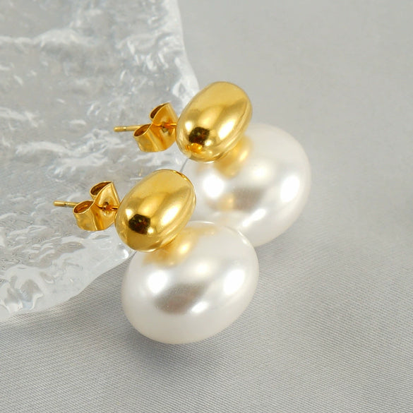 Wholesale Stainless Steel Pearl Inlaid Geometric Earrings For Women Simple Style