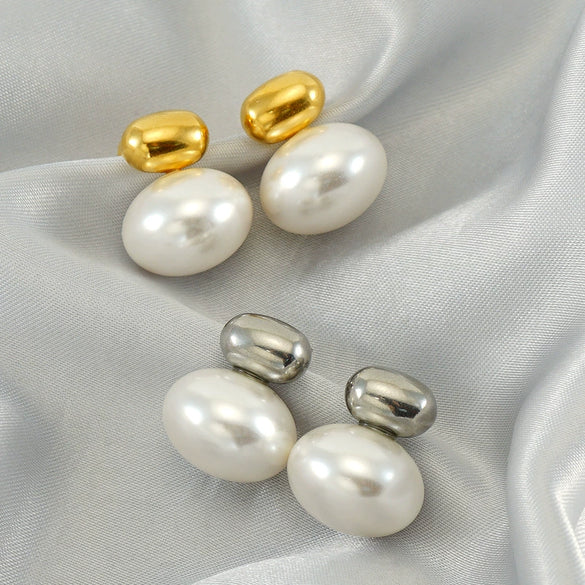 Wholesale Stainless Steel Pearl Inlaid Geometric Earrings For Women Simple Style