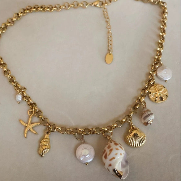 Wholesale Stainless Steel Pearl Shell Star Shape Necklace With Electroplating 18K Gold Color Retention