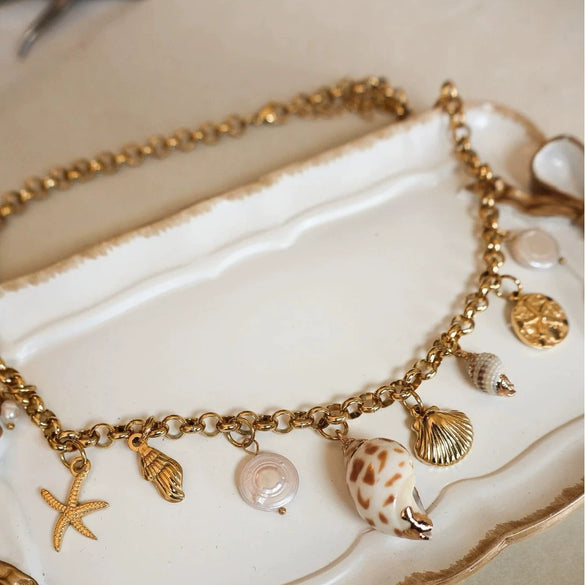 Wholesale Stainless Steel Pearl Shell Star Shape Necklace With Electroplating 18K Gold Color Retention