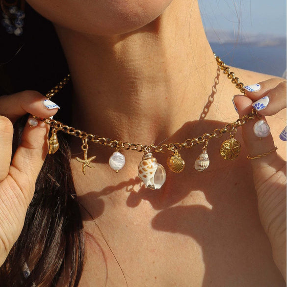 Wholesale Stainless Steel Pearl Shell Star Shape Necklace With Electroplating 18K Gold Color Retention