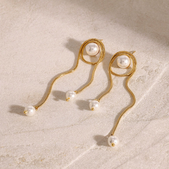 Wholesale Stainless Steel Pearl Tassel Pendant Earrings With Geometric Design And Electroplating For Women